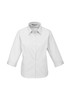 A women's white button-up shirt with 3/4 sleeves and a classic collar, featuring a logo.
