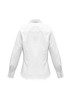 A white women's luxe long sleeve button-up shirt with a collar and buttoned cuffs. It features a branded logo.