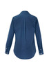 A women's long sleeve button-up shirt in dark blue with a back pleat and buttoned cuffs.