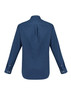 A long sleeve button-up shirt in a deep blue colour with a straight back and buttoned cuffs. Features branding.