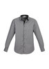 A button-up long sleeve shirt in grey with a subtle pattern and contrasting black collar. It features a logo.