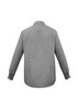 A grey button-up long sleeve shirt with a checked pattern and a logo on the back.