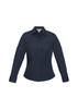 A navy blue women's button-up long sleeve shirt with two front pockets and a collar. It features a logo on the sleeve.