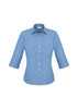 A blue and white checked women's button-up shirt with 3/4 sleeves and a collar, featuring a logo.
