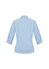 A blue check-patterned women's button-up shirt with 3/4 sleeves and a collar, featuring a logo.