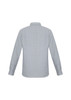A long-sleeve, button-up shirt in a light grey and white striped pattern, featuring a classic collar and cuffs.