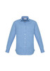 A blue and white striped long sleeve button-up shirt with a pocket and a logo.