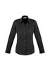 A black women's long sleeve button-up shirt featuring a classic collar and a fitted design. It has a logo on the label.