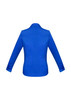 A vibrant blue women's button-up long sleeve shirt with a tailored fit and cuffs. Features a logo on the design.