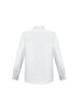 A white long sleeve button-up shirt featuring a classic collar and cuffs. The shirt has a logo on it.