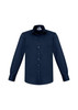 A navy long sleeve button-up shirt with a single chest pocket and a collar. It features a logo on the label.