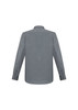 A grey long sleeve button-up shirt featuring a back view and a logo on the collar.