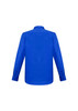 A blue long sleeve button-up shirt featuring a back view and button detailing on the cuffs.
