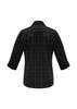 A black and white checkered women's button-up shirt with 3/4 sleeves and a collar, featuring a logo.