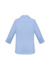 A light blue women's button-up shirt with 3/4 sleeves and a collar, featuring a logo.