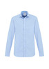 A light blue long sleeve button-up shirt with a chest pocket and a logo.