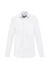 A white long-sleeve button-up shirt with a pocket and a logo on the collar.