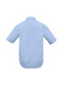A light blue short sleeve button-up shirt with a back yoke and curved hem. Features a logo on the back.