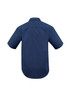 A navy blue short sleeve button-up shirt featuring a micro check pattern and a collar, with a branded logo.
