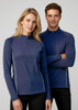 A navy blue unisex mid layer top featuring a zip neck and white side detailing, displayed on male and female models.
