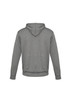 A grey hoodie for kids featuring a kangaroo pocket and a drawstring hood. It includes a logo on the back.