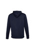 A men's hoodie in navy blue, featuring a hood and long sleeves, with a logo on the back.