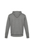 A grey hoodie with a kangaroo pocket and a hood, featuring a logo on the back.