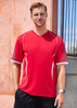 A red short sleeve tee featuring a V-neck and mesh detailing, with white accents and a logo on the chest.