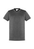 A dark grey short sleeve T-shirt with a subtle design and a logo on the label.