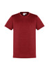 A maroon short sleeve tee shirt with a plain design and a tag inside. The shirt features a logo on the tag.