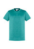 A teal short sleeve tee featuring a crew neckline and a subtle texture. It includes a branding logo.
