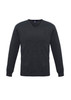 A dark grey men's pullover sweater with a V-neck and long sleeves, featuring a logo.