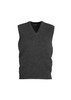 A charcoal grey men's woolmix knit vest featuring a V-neck design and ribbed hem. Includes a logo on the label.