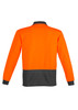 A long sleeve unisex polo in high visibility orange with a black lower panel, featuring a collar and cuffs.
