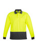 A unisex hi-vis long sleeve polo in bright yellow with a dark grey bottom and a pocket. It features a collar and buttons.