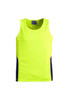 A bright yellow hi-vis singlet featuring navy side panels and a logo. Ideal for workwear.