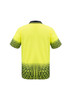 A short sleeve polo shirt in vibrant yellow with a patterned black gradient. It features a logo on the front.