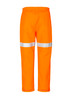 Bright orange work pants with reflective tape, featuring an elastic waistband and cuffed hems. Includes branding on the fabric.