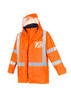 An orange waterproof jacket with reflective stripes and a hood, featuring a logo on the front.