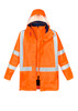 A waterproof jacket in bright orange with reflective strips and a detachable hood. It features a logo on it.