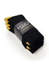 A pack of three bamboo work socks in black with yellow accents, featuring a branded label.