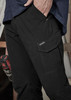 A pair of black men's lightweight cargo pants with side pockets, featuring a logo on the front.