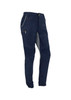 A pair of men's navy stretch pants with cuffed ankles, featuring zippered pockets and a logo.
