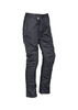 Men's rugged cargo pants in dark grey, featuring multiple pockets and a sleek design. Includes a logo on the waistband.