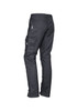A pair of men's rugged cargo pants in dark grey with multiple pockets and a branded logo.