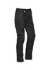 Men's rugged cargo pants in black, featuring multiple pockets and a sleek design, with a logo on the waistband.