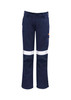 Navy cargo pants with reflective tape detail, featuring multiple pockets and a fitted design. Includes a logo.