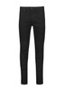 A pair of black stretch jeans with a fitted design and multiple pockets, featuring a logo on the waistband.