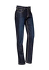 Womens stretch denim work jeans in dark blue with contrasting stitching, featuring a slim fit design.