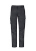 A pair of dark grey work pants featuring cargo pockets and a brand logo. Suitable for workwear.
